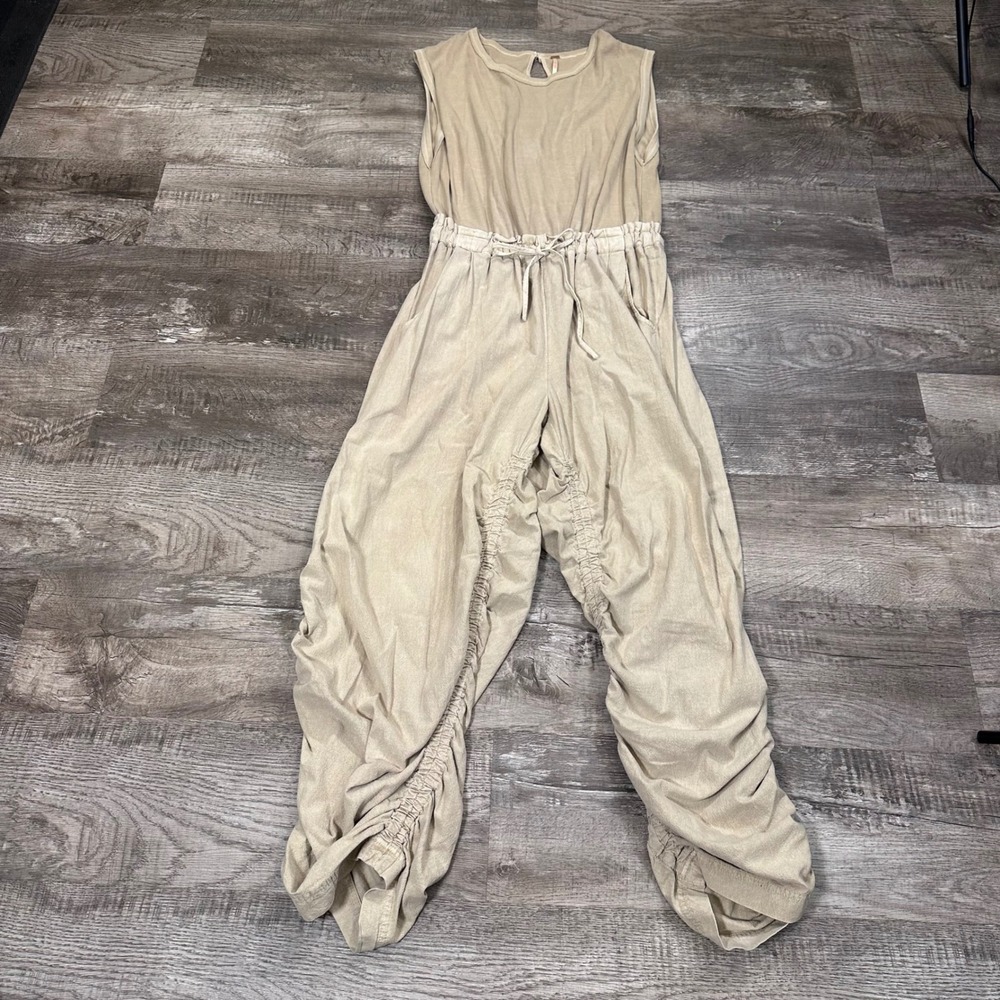 Free People Beige Sleeveless Rope-Waist Jumpsuit